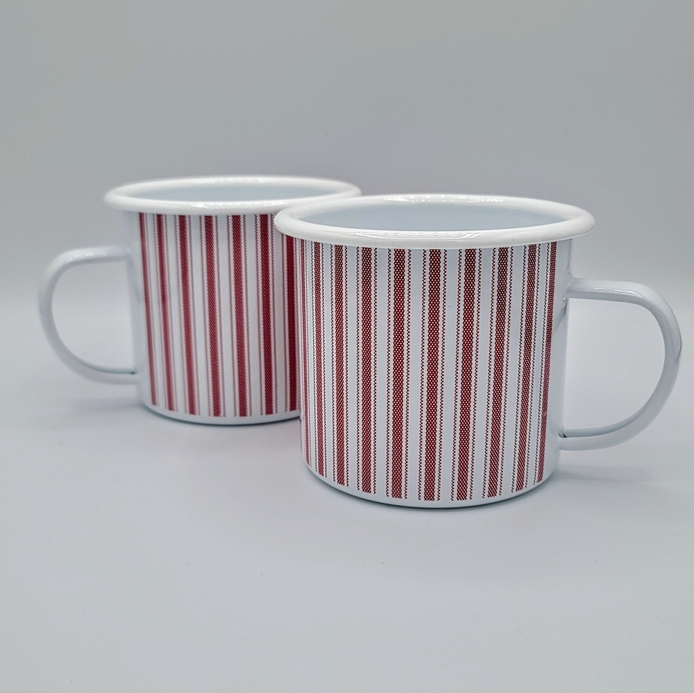 Vintage Style Enamel Camp Mugs Red Ticking Stripe Farmhouse Cozy Cabin Set of 2